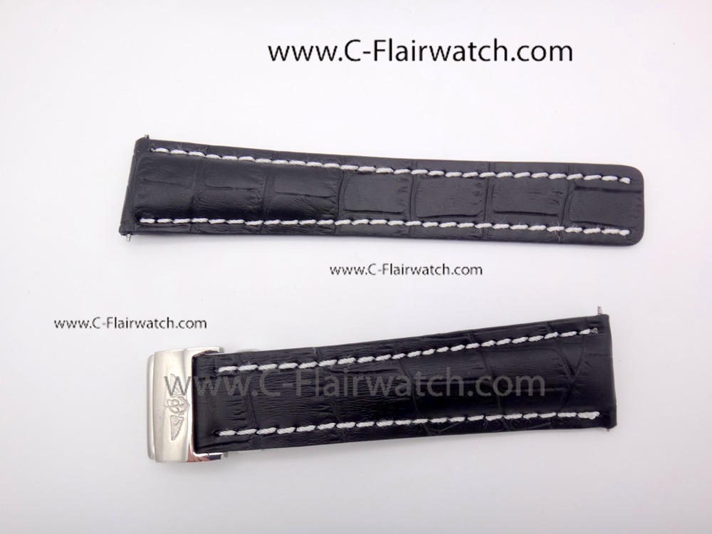 Breitling Bracelet Replica - Black Leather w/ Silver Buckle